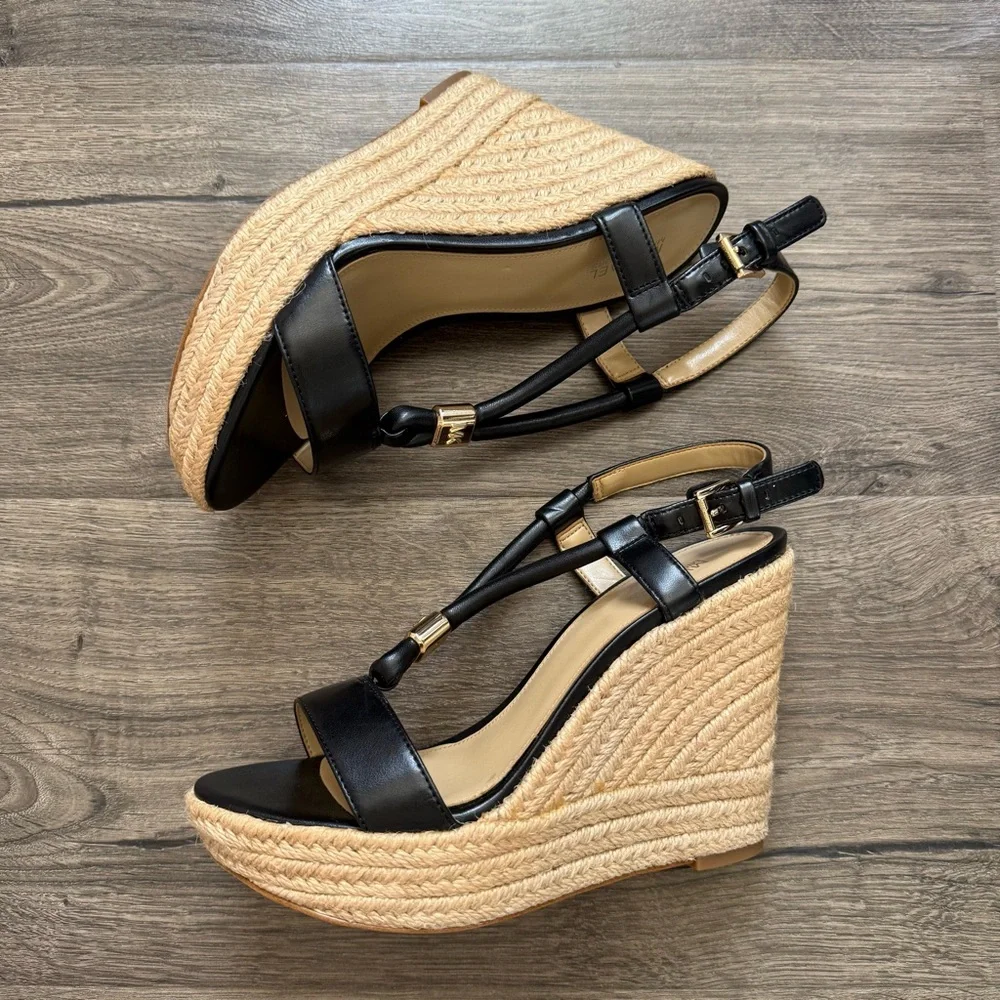 Michael Kors Annie Black Leather Espadrille Wedge Sandals size 7 Women